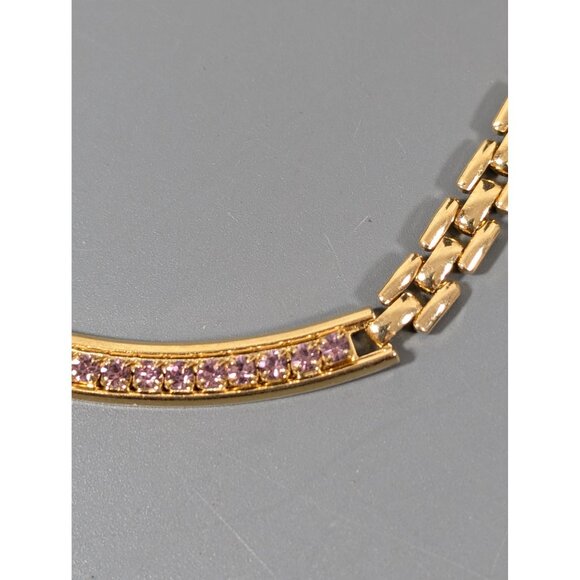 Gold Tone Panther Link Chain Pink Rhinestone Birthstone Statement Necklace 18" - Picture 3 of 11